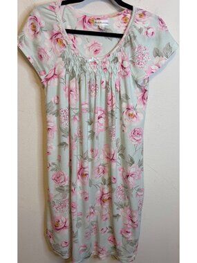Miss Elaine Nightgown Pink Blue Long Floral Rose Short Sleeve Cottagecore MEDIUM